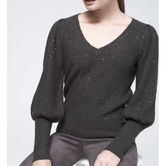 WHBM V-neck Sweater Grey Sz XS Puff Sleeve Sequins Festive Party - Picture 1 of 10